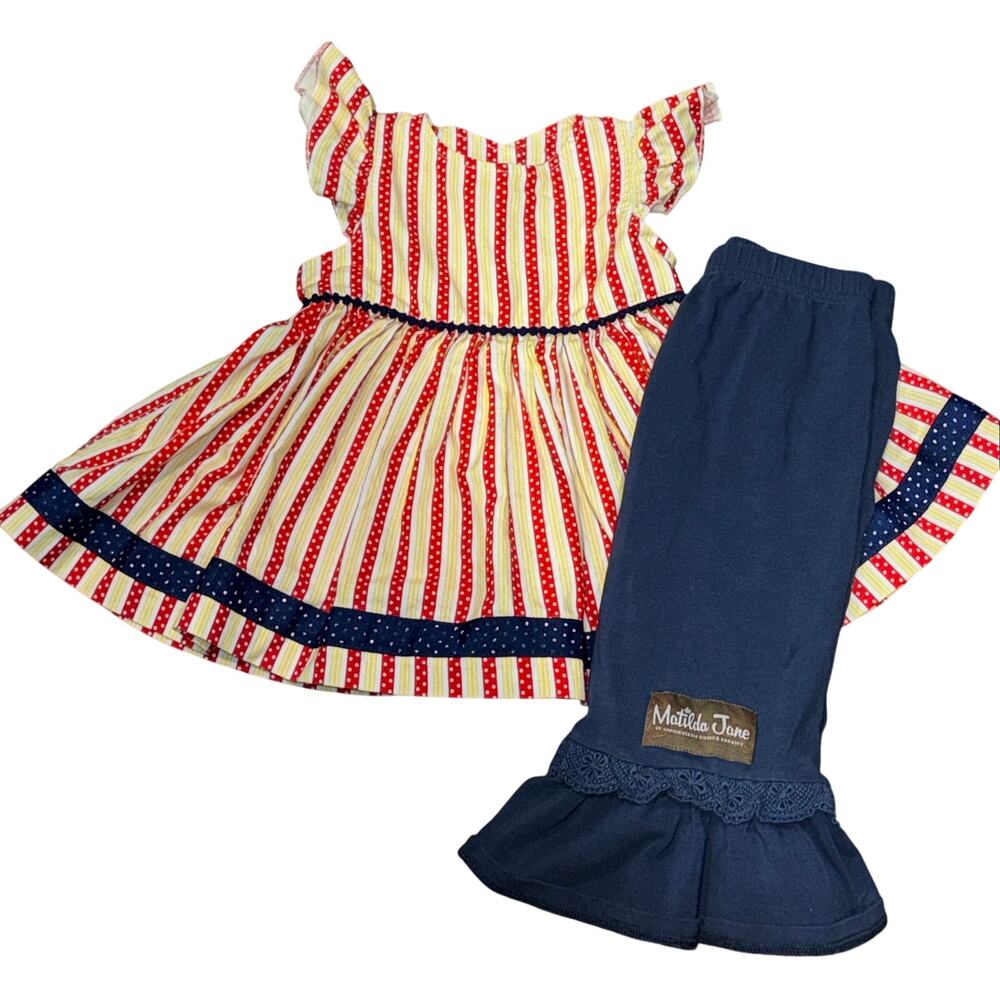 Matilda Jane Platinum Sz 2 Striped Top & Navy Ruffle Pants Outfit Set